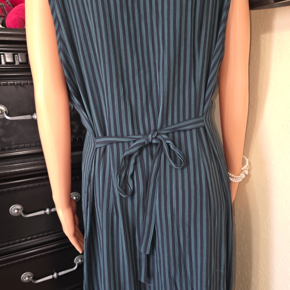 Sleeveless Button-Front Midi Dress in Teal Stripe - Picture 2 of 7